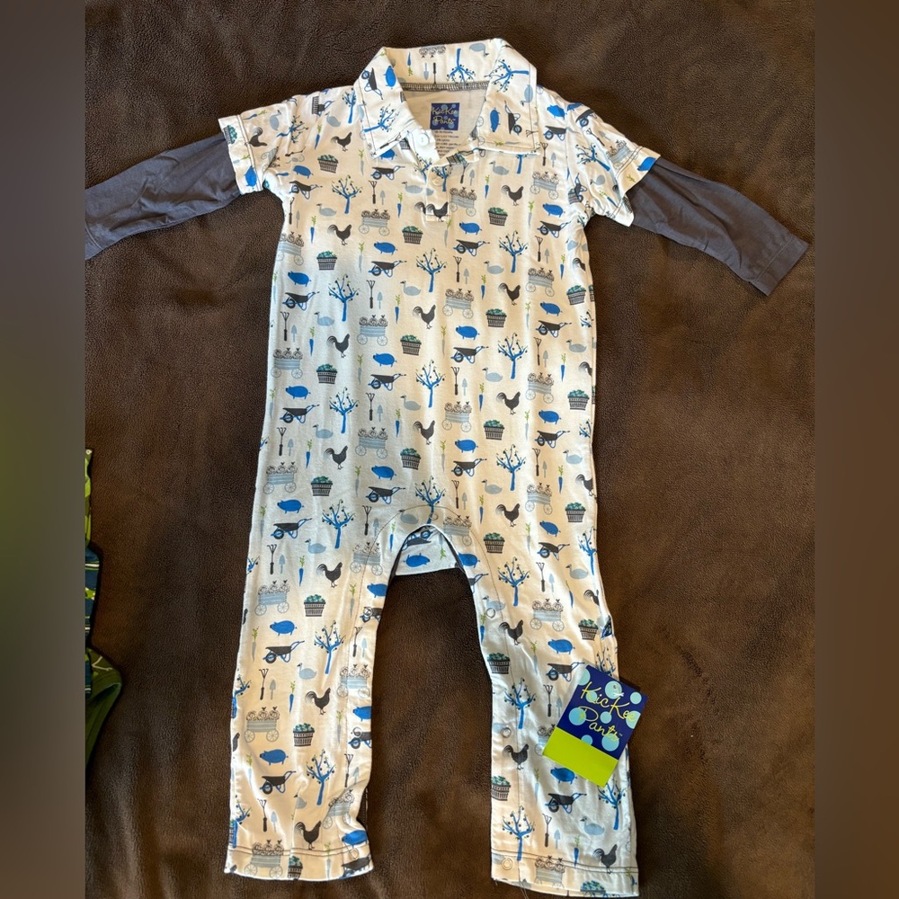 Kickee Pants old fit 2013 NWT Longsleeve Polo Romper Natural boy farm 12-18 mo